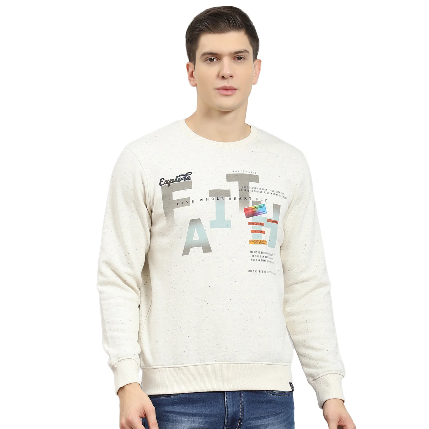 Men Beige Printed Round Neck Full Sleeve Sweatshirt - Image 5