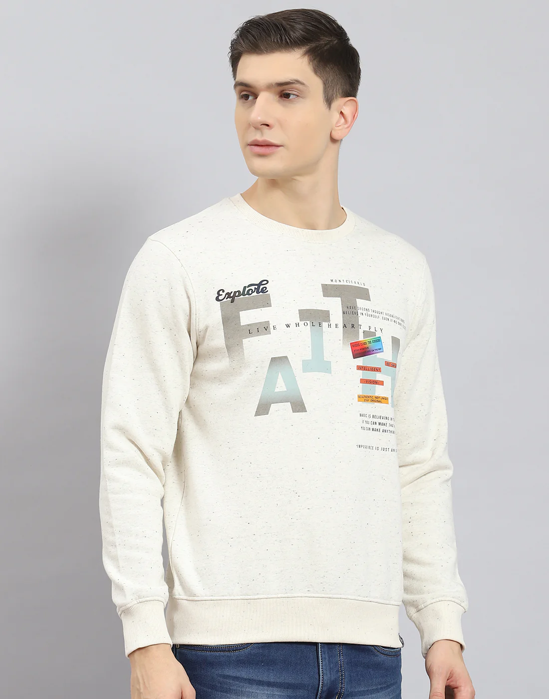 Men Beige Printed Round Neck Full Sleeve Sweatshirt - Image 6
