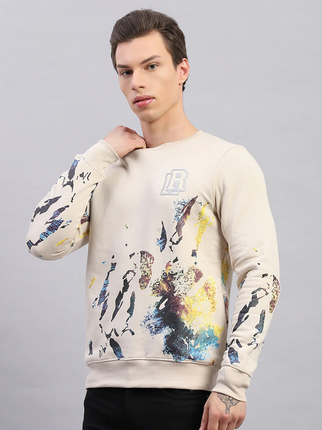 Rock.it Men Beige Printed Round Neck Full Sleeve Sweatshirt - Image 3