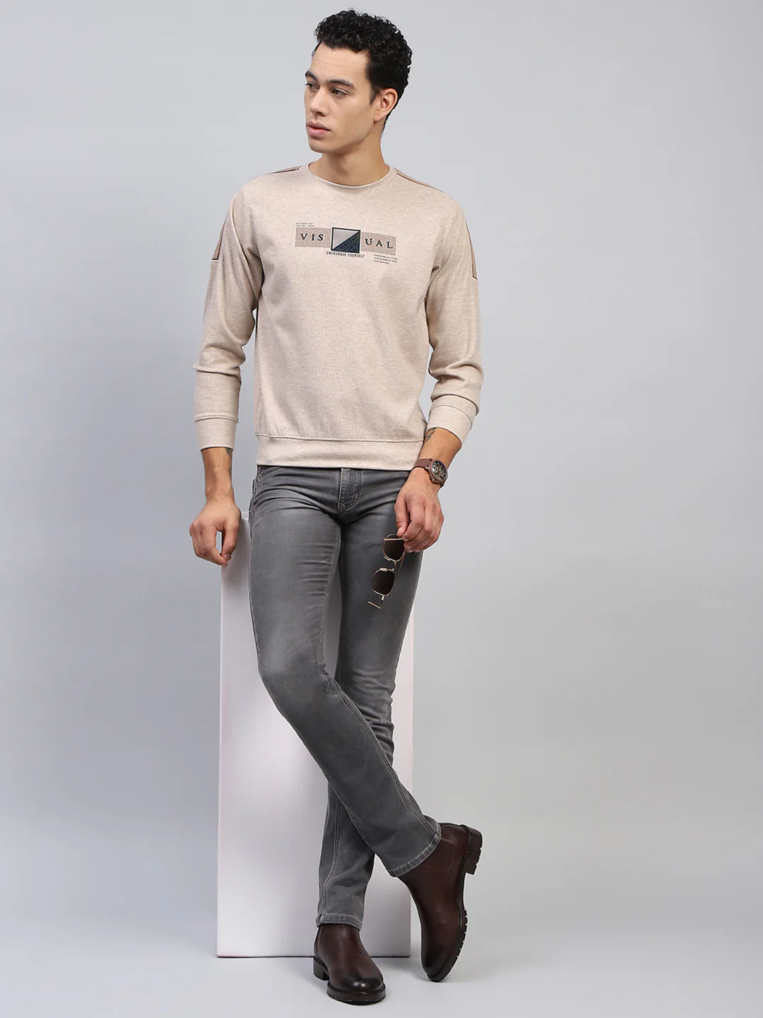 Men Beige Printed Round Neck Full Sleeve Sweatshirt - Image 2