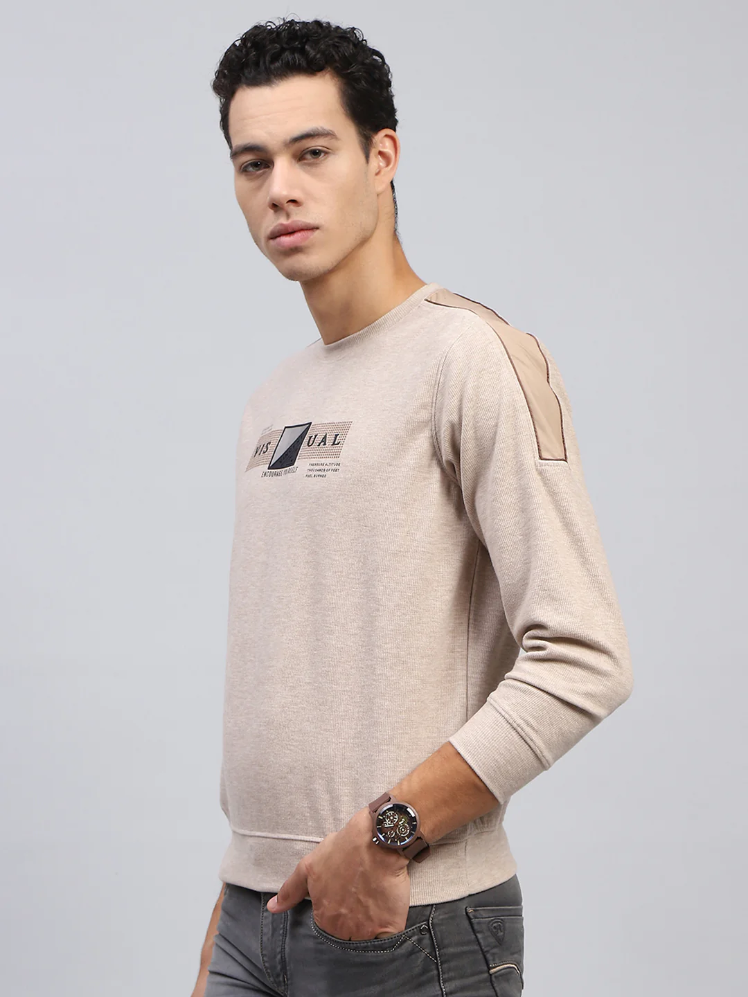 Men Beige Printed Round Neck Full Sleeve Sweatshirt - Image 3
