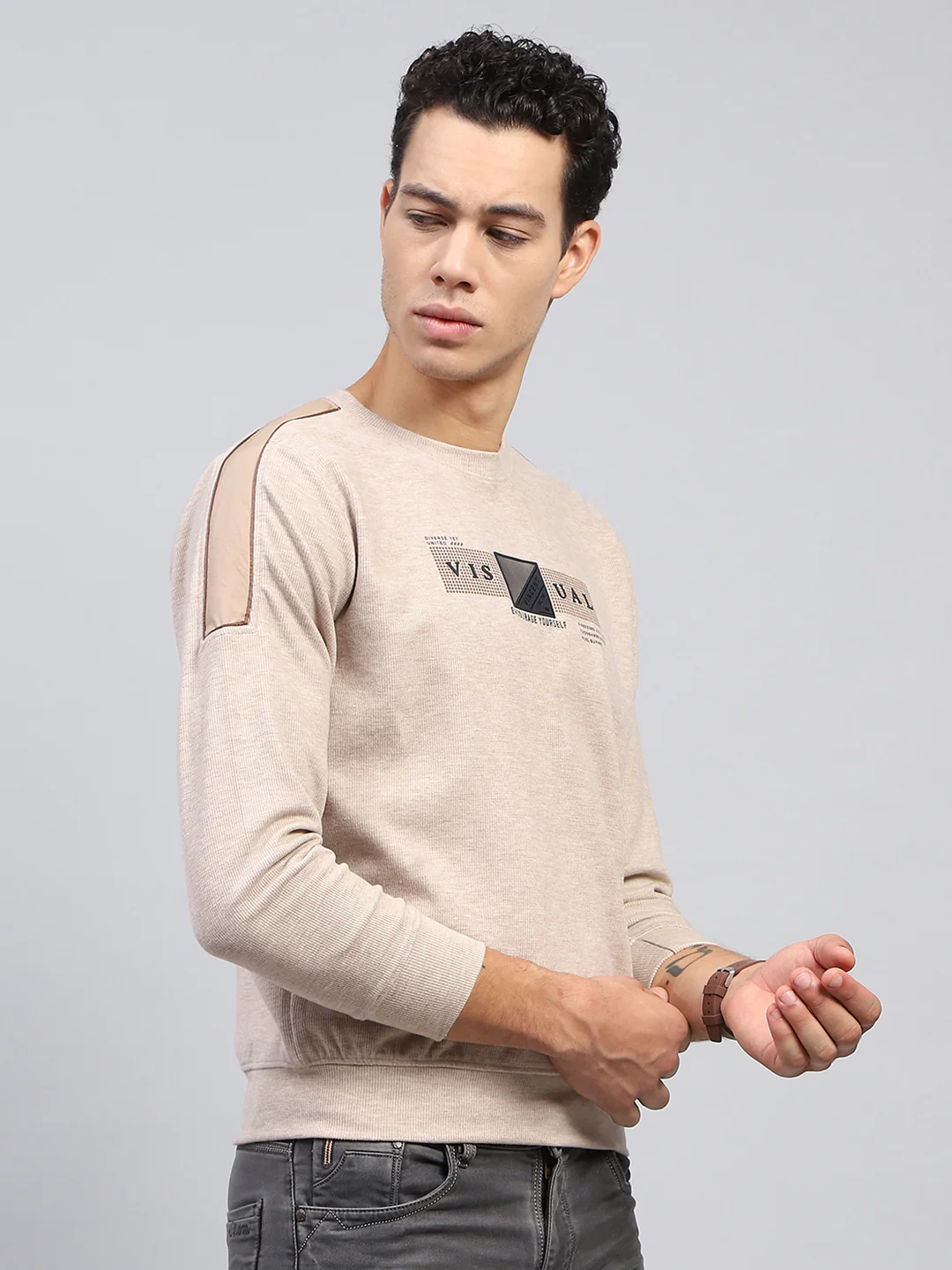 Men Beige Printed Round Neck Full Sleeve Sweatshirt - Image 4
