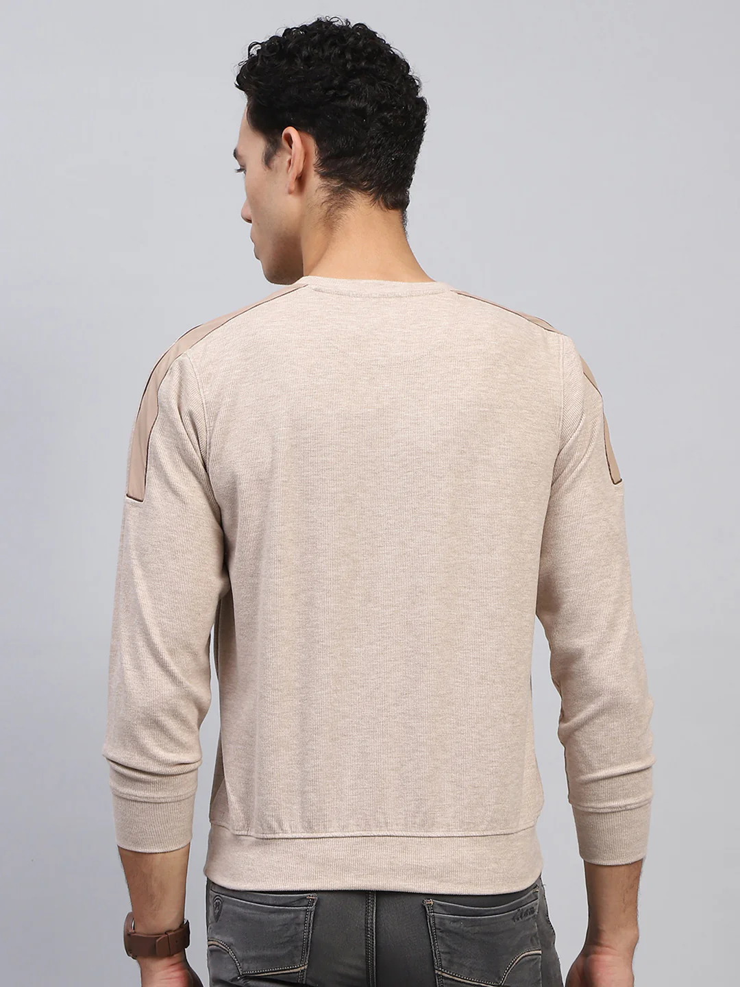 Men Beige Printed Round Neck Full Sleeve Sweatshirt - Image 5