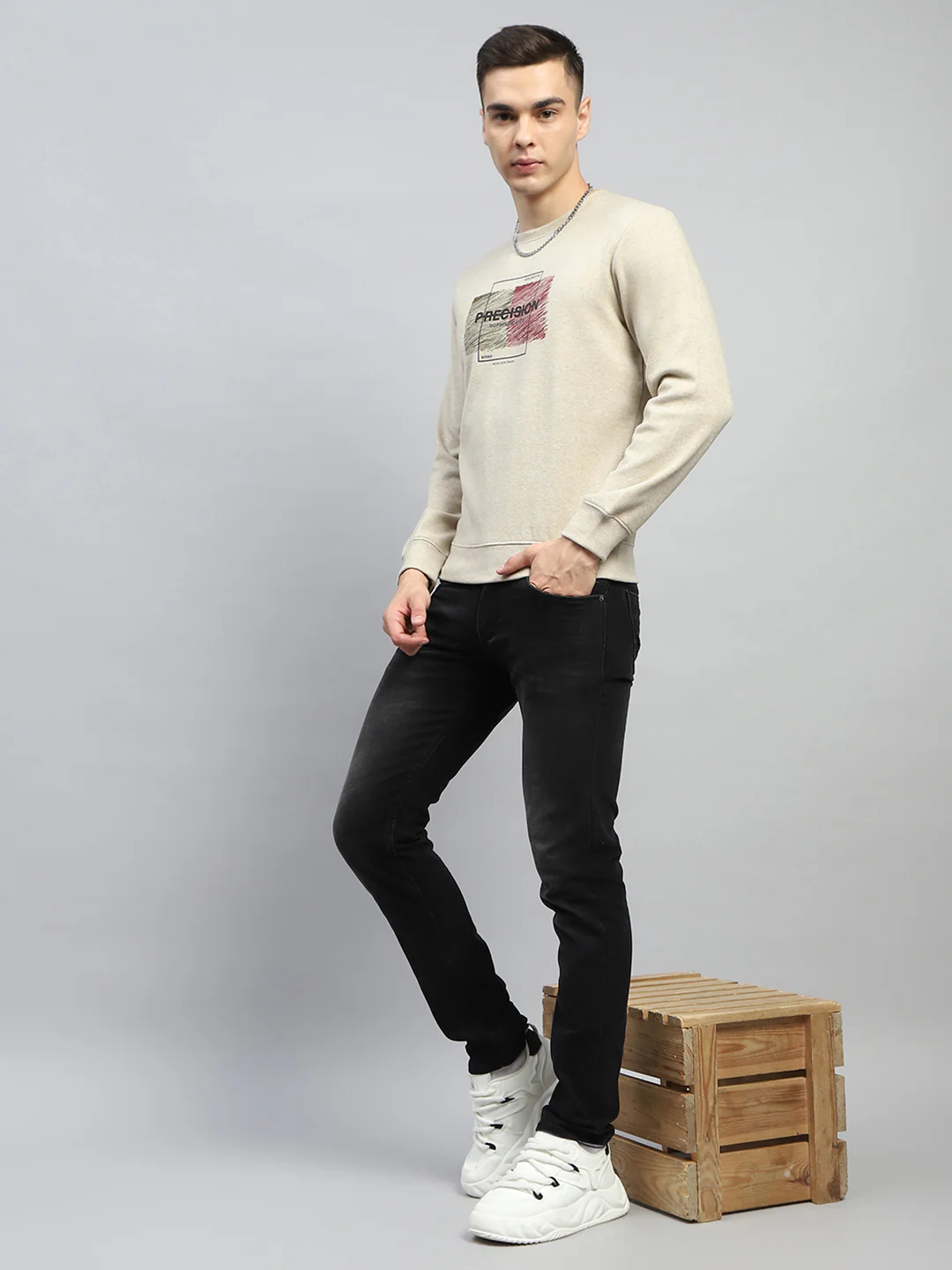 Men Beige Printed Round Neck Full Sleeve Sweatshirt - Image 2