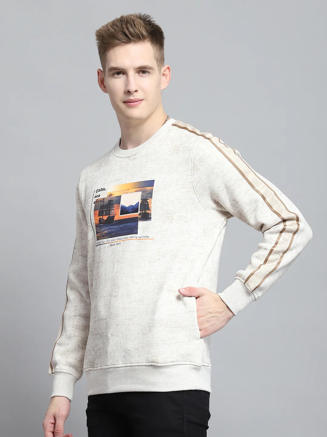 Men Beige Printed Round Neck Full Sleeve Sweatshirt - Image 3
