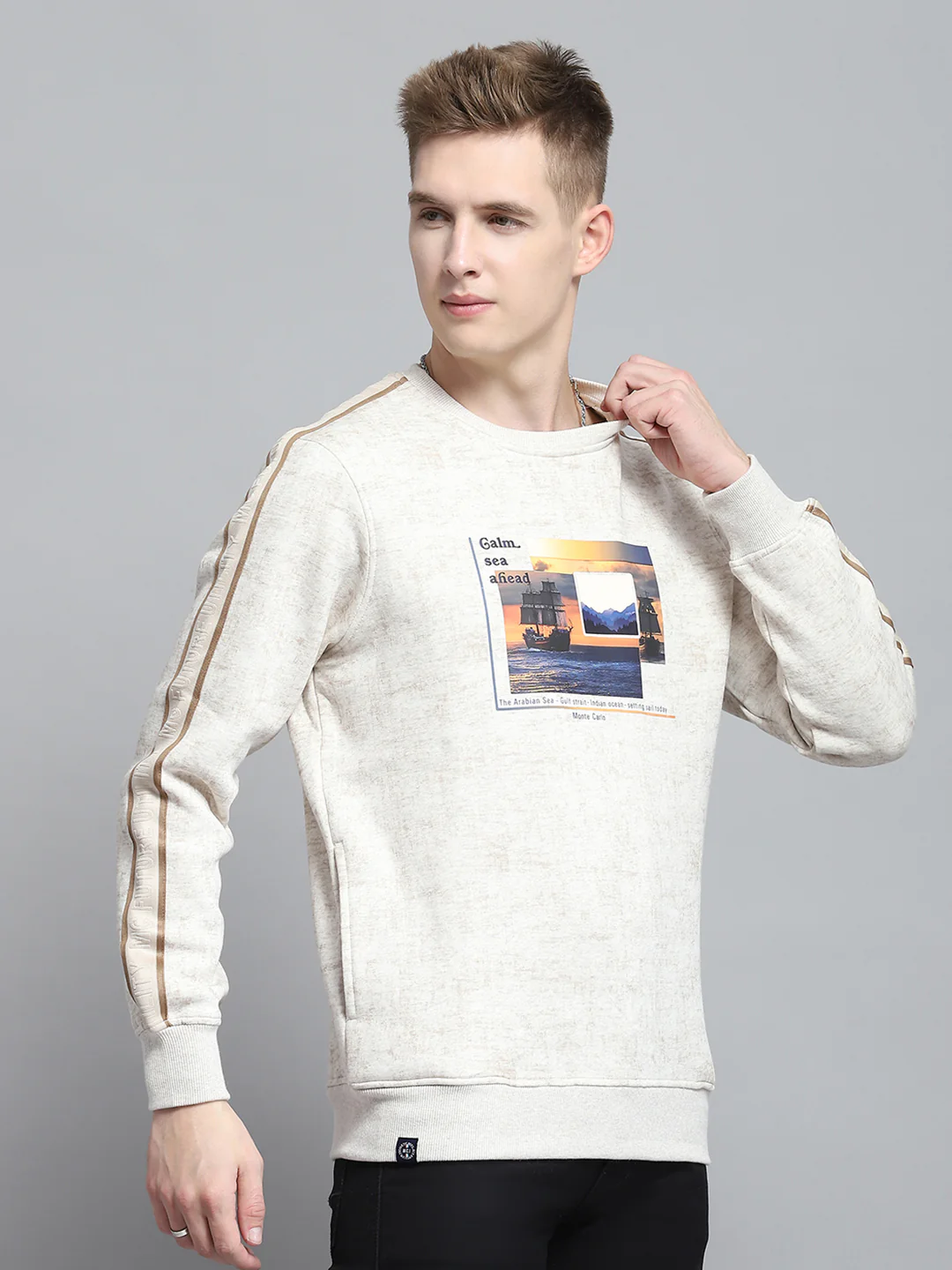 Men Beige Printed Round Neck Full Sleeve Sweatshirt - Image 4