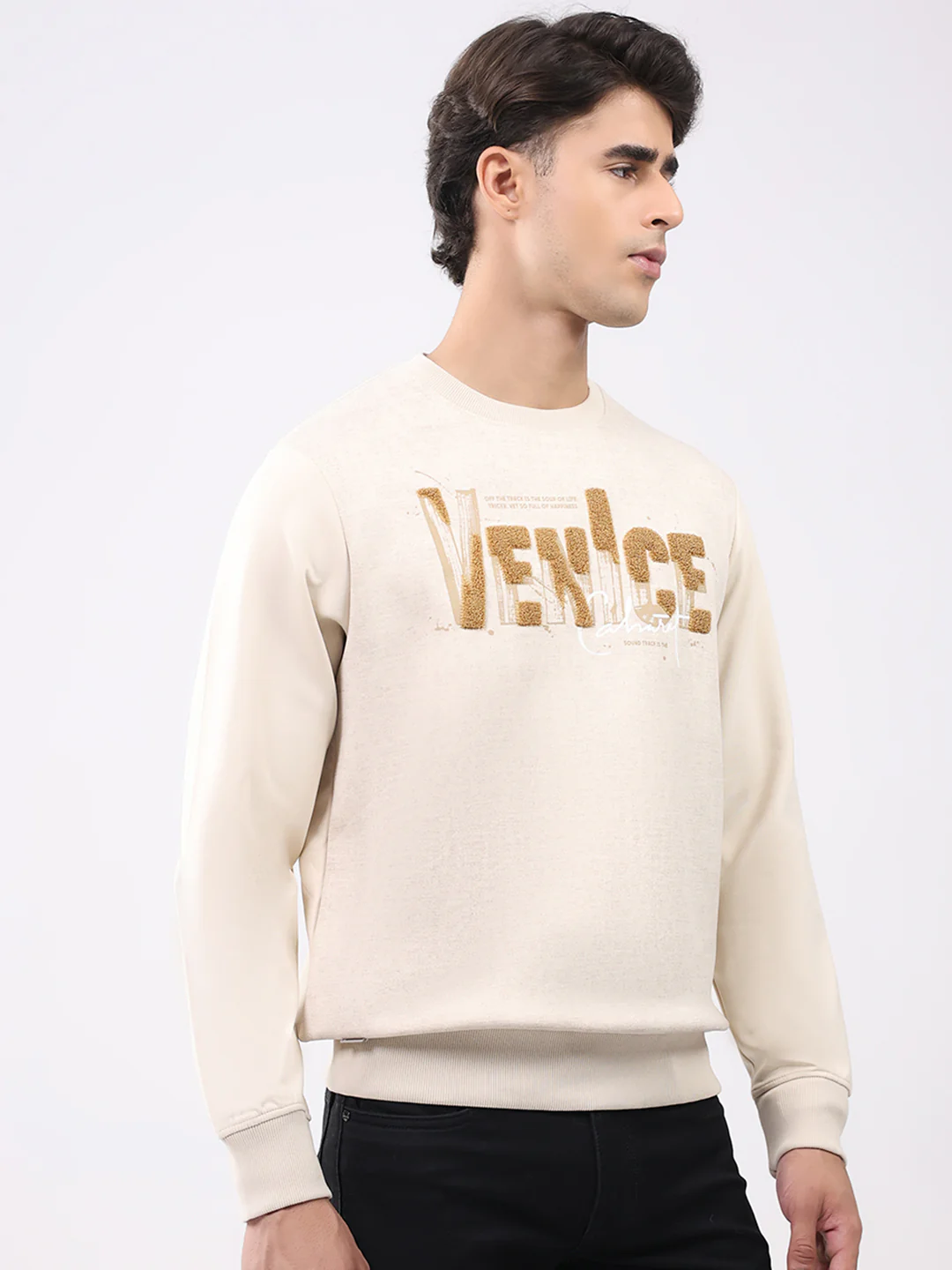Men Beige Printed Round Neck Full Sleeve Sweatshirt - Image 4
