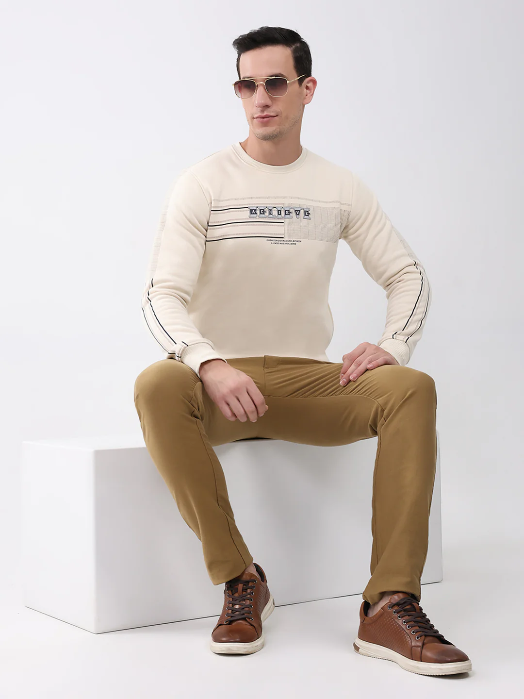 Men Beige Printed Round Neck Full Sleeve Sweatshirt - Image 2