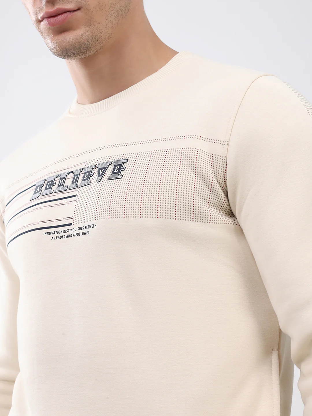 Men Beige Printed Round Neck Full Sleeve Sweatshirt - Image 6