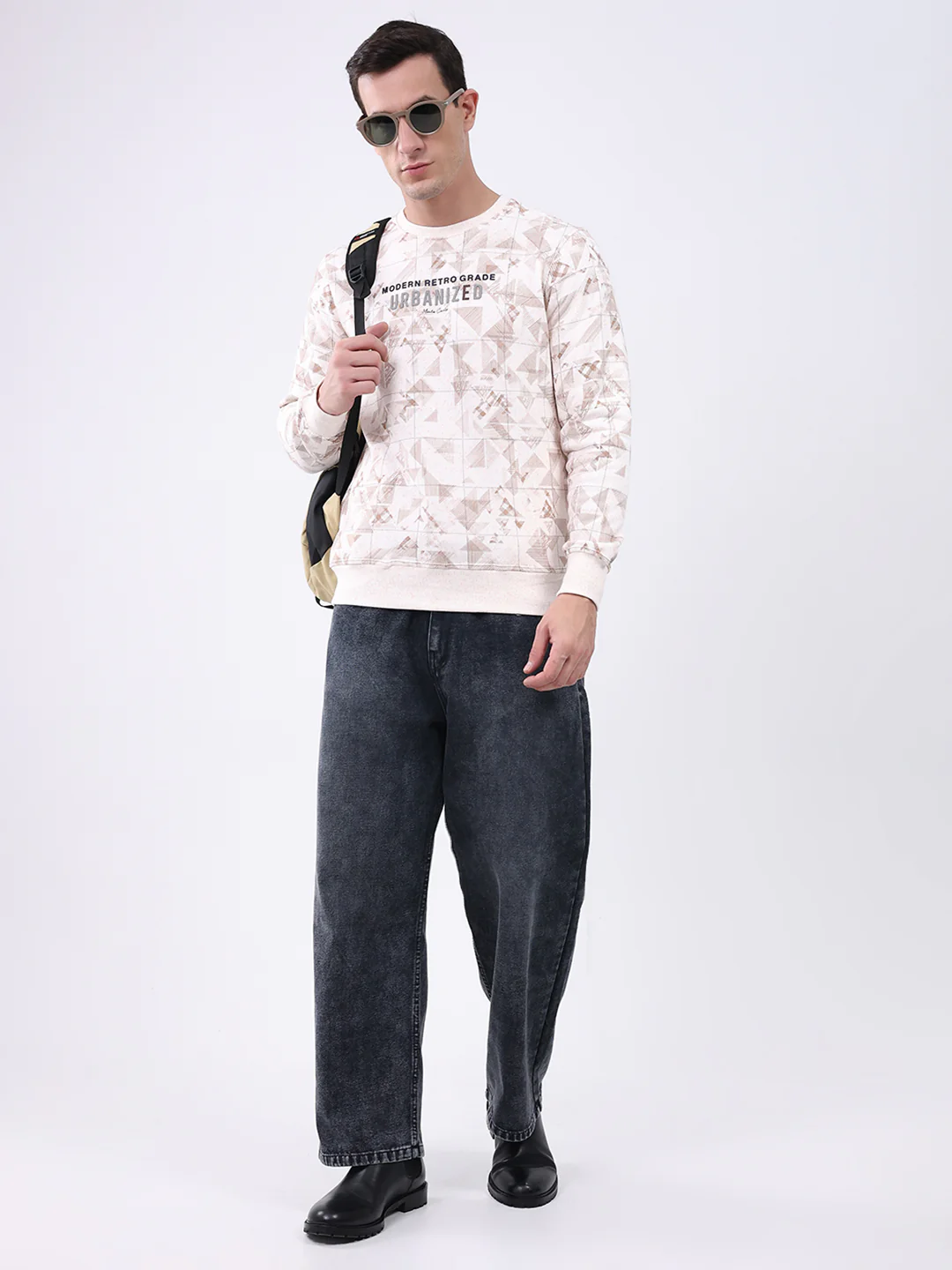Men Beige Printed Round Neck Full Sleeve Sweatshirt - Image 2
