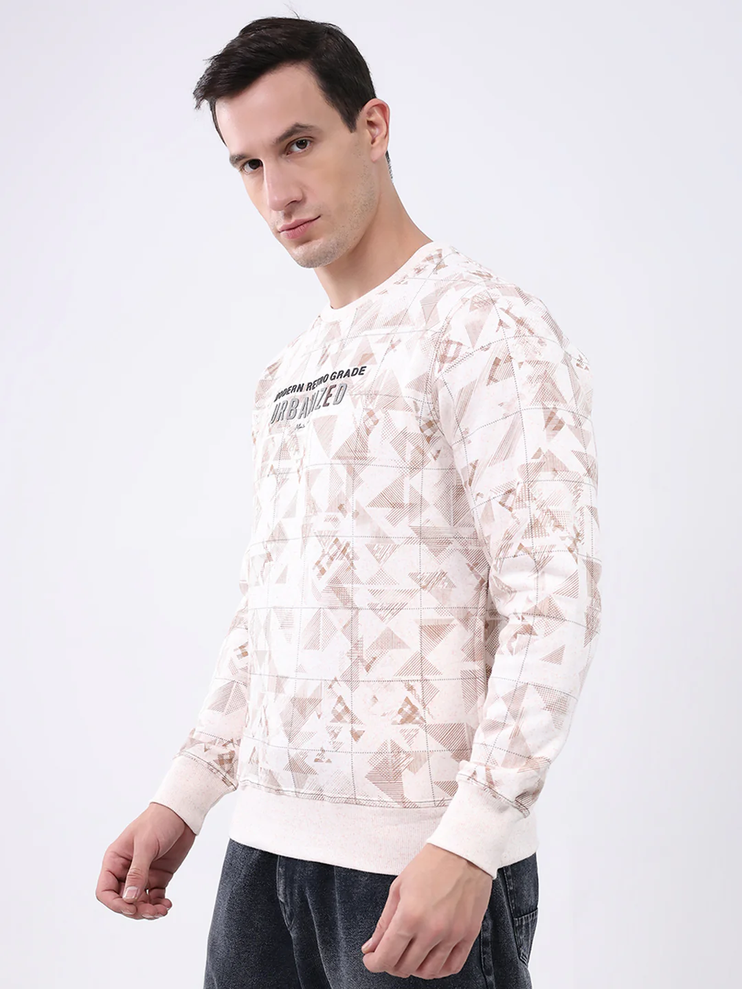 Men Beige Printed Round Neck Full Sleeve Sweatshirt - Image 3