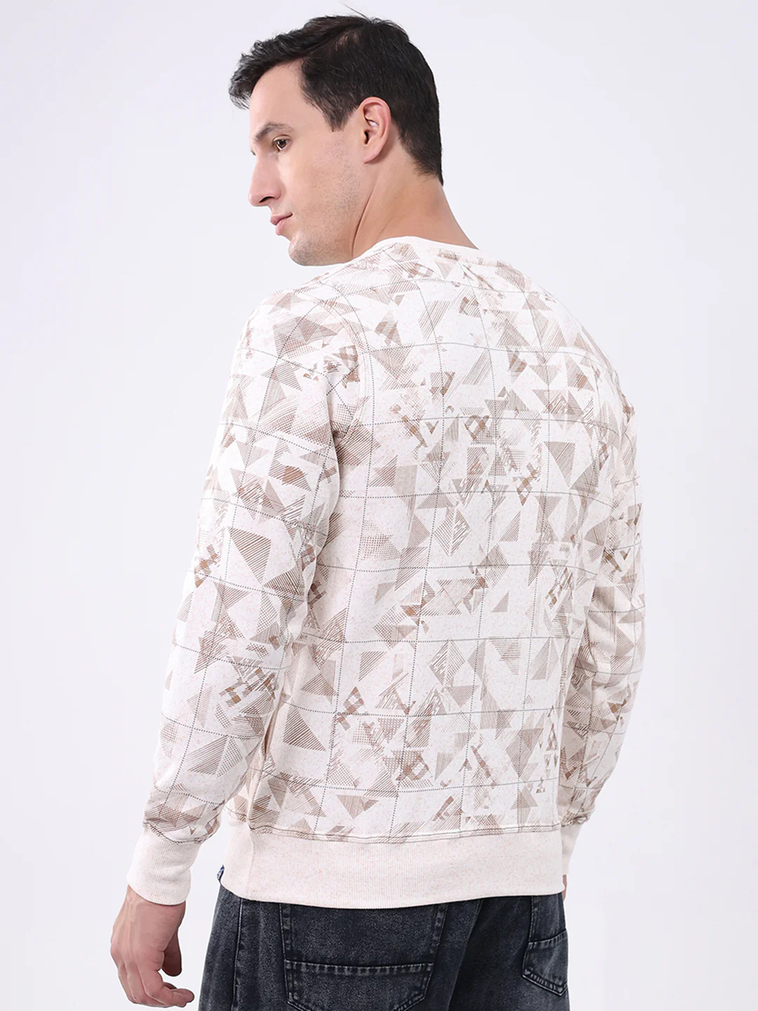 Men Beige Printed Round Neck Full Sleeve Sweatshirt - Image 5
