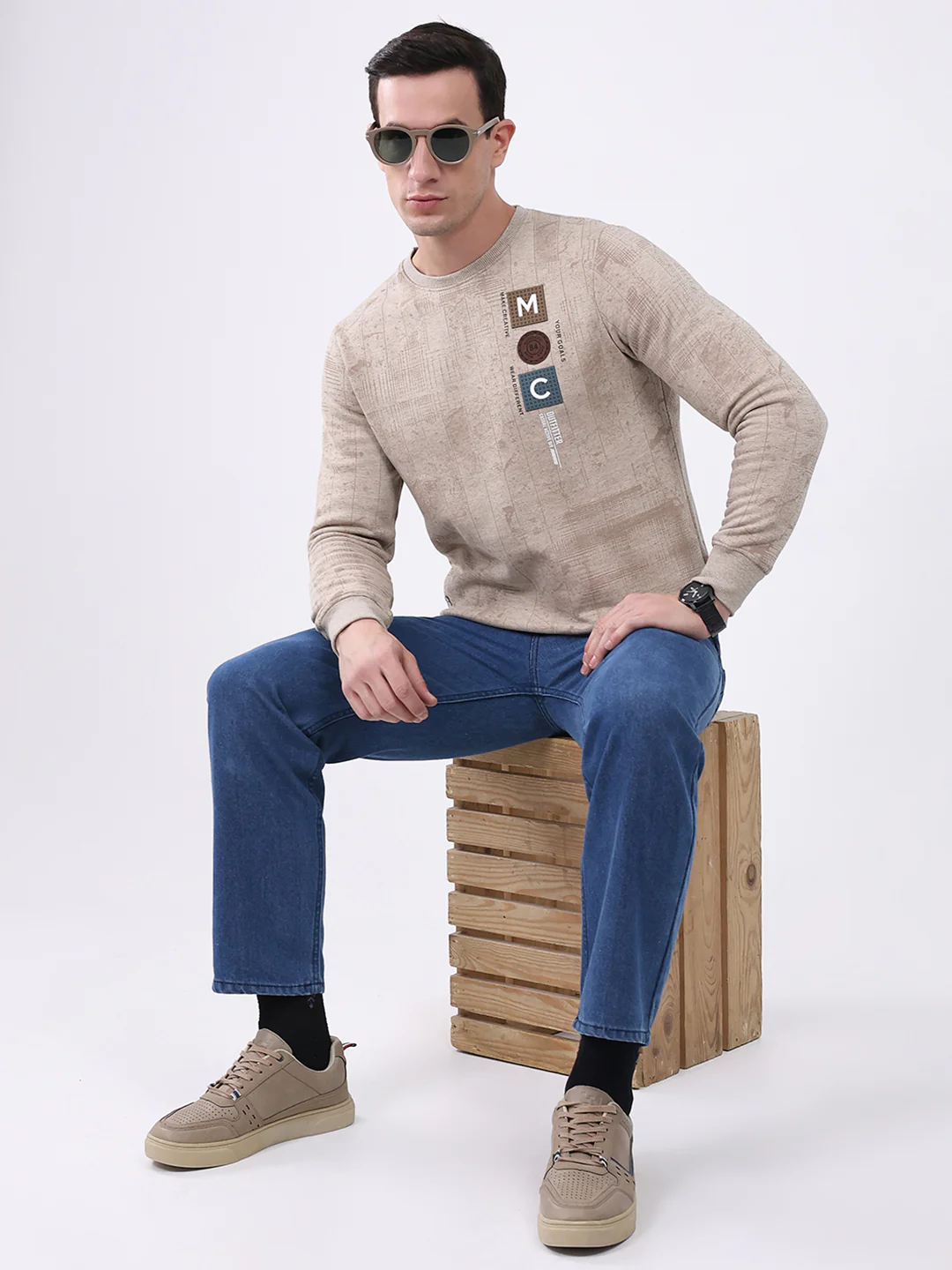 Men Beige Printed Round Neck Full Sleeve Sweatshirt - Image 2
