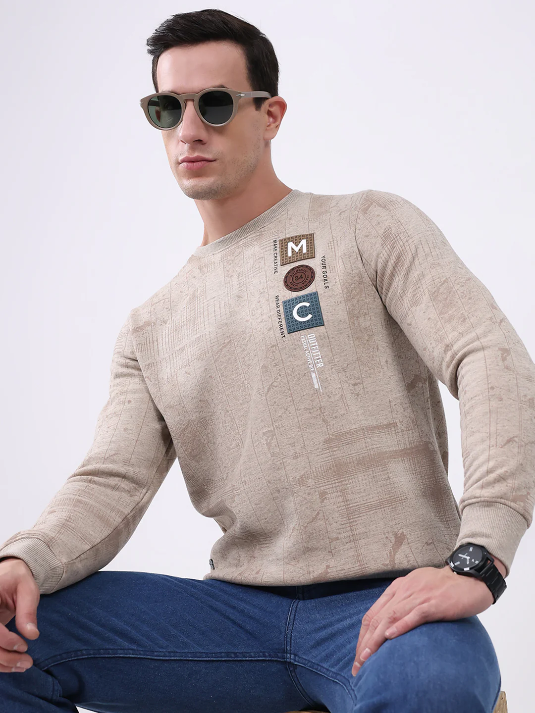Men Beige Printed Round Neck Full Sleeve Sweatshirt - Image 6