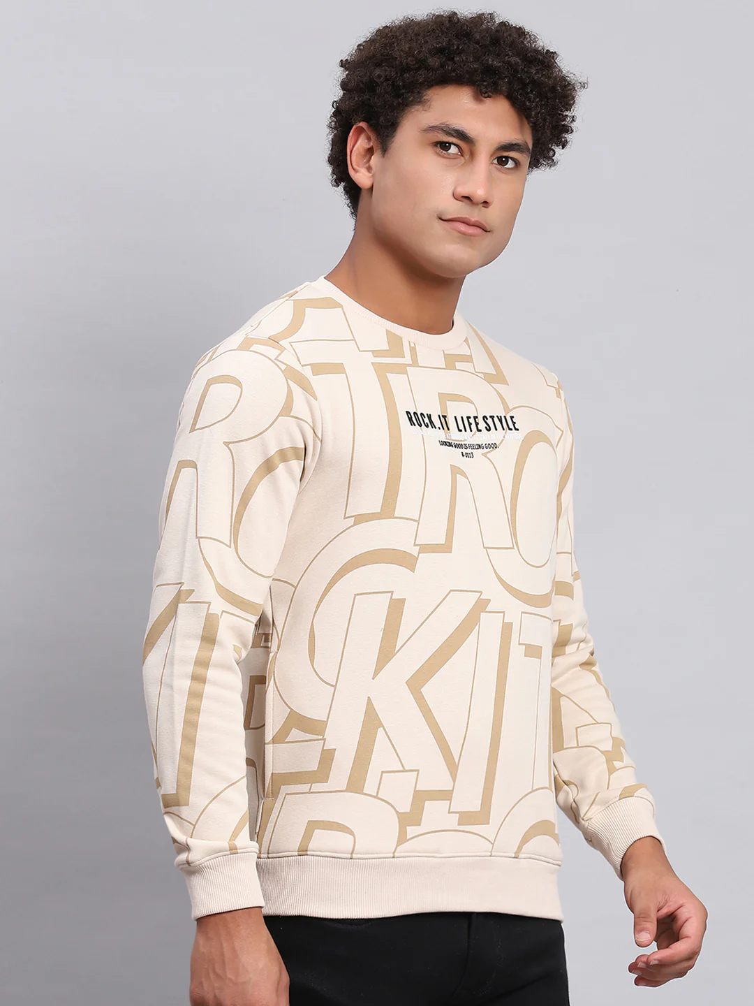 Rock.it Men Beige Printed Round Neck Full Sleeve Sweatshirt - Image 4