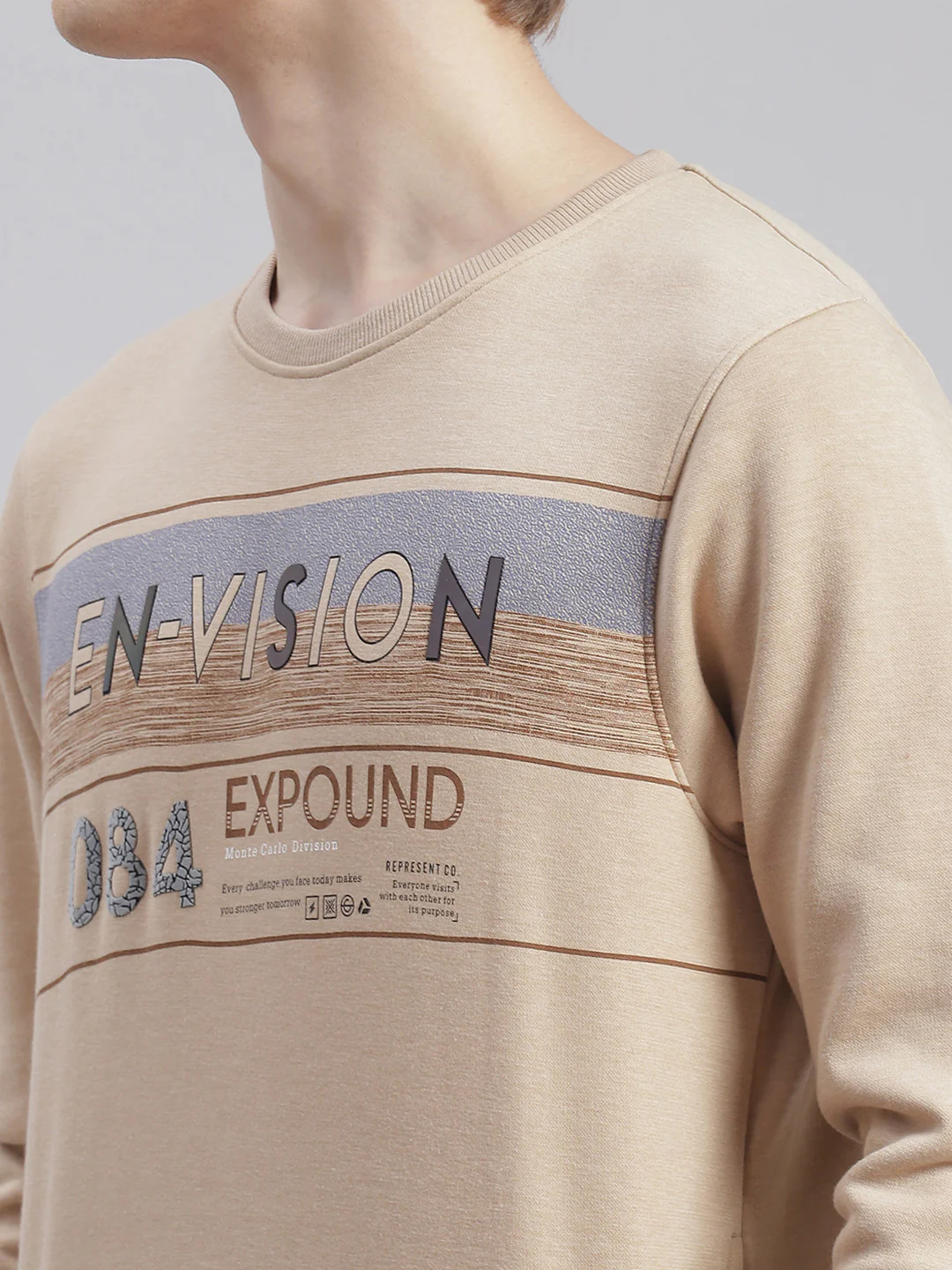 Men Beige Printed Round Neck Full Sleeve Sweatshirts - Image 6