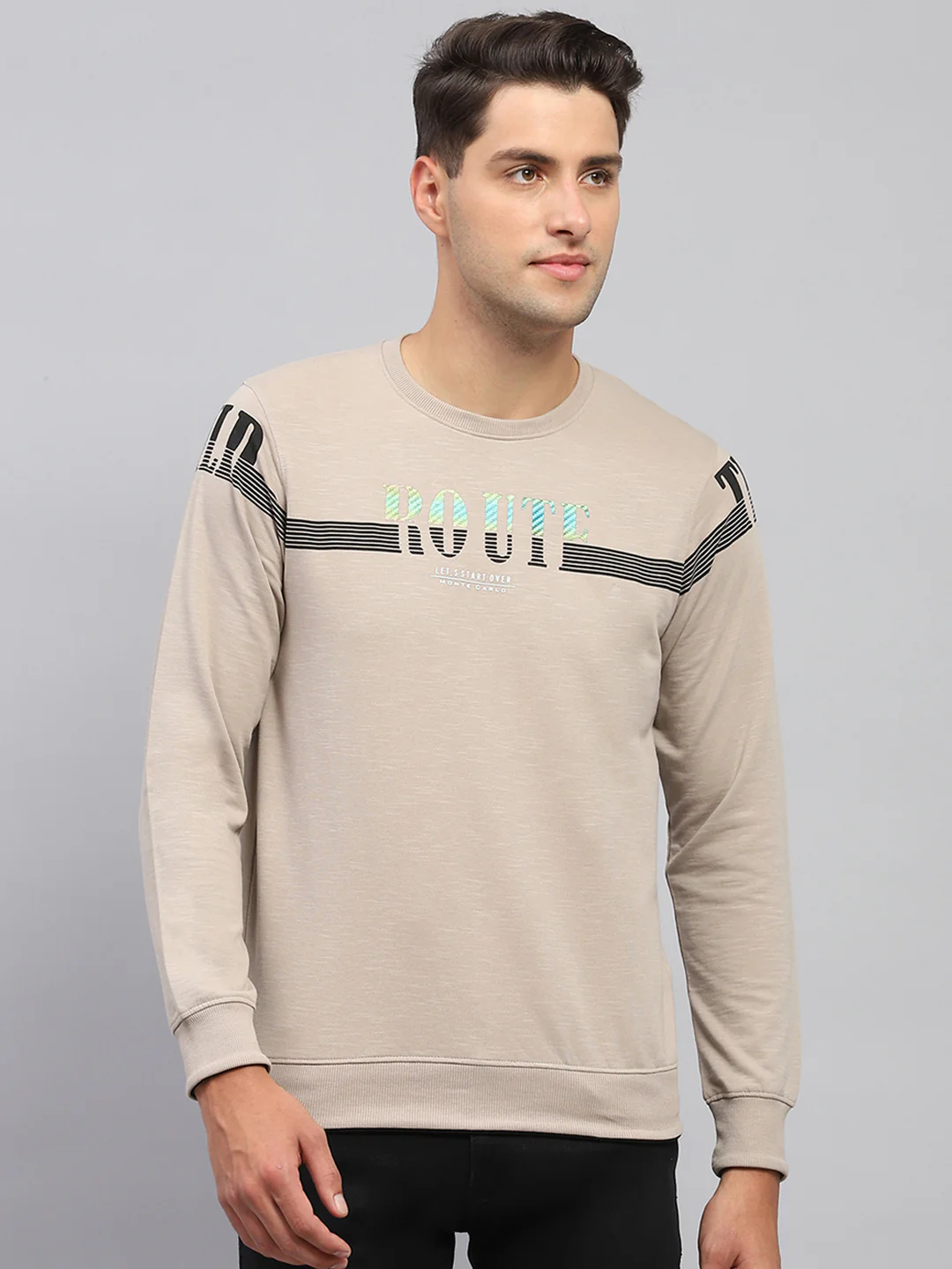 Men Beige Printed Round Neck Full Sleeve T-Shirt - Image 2