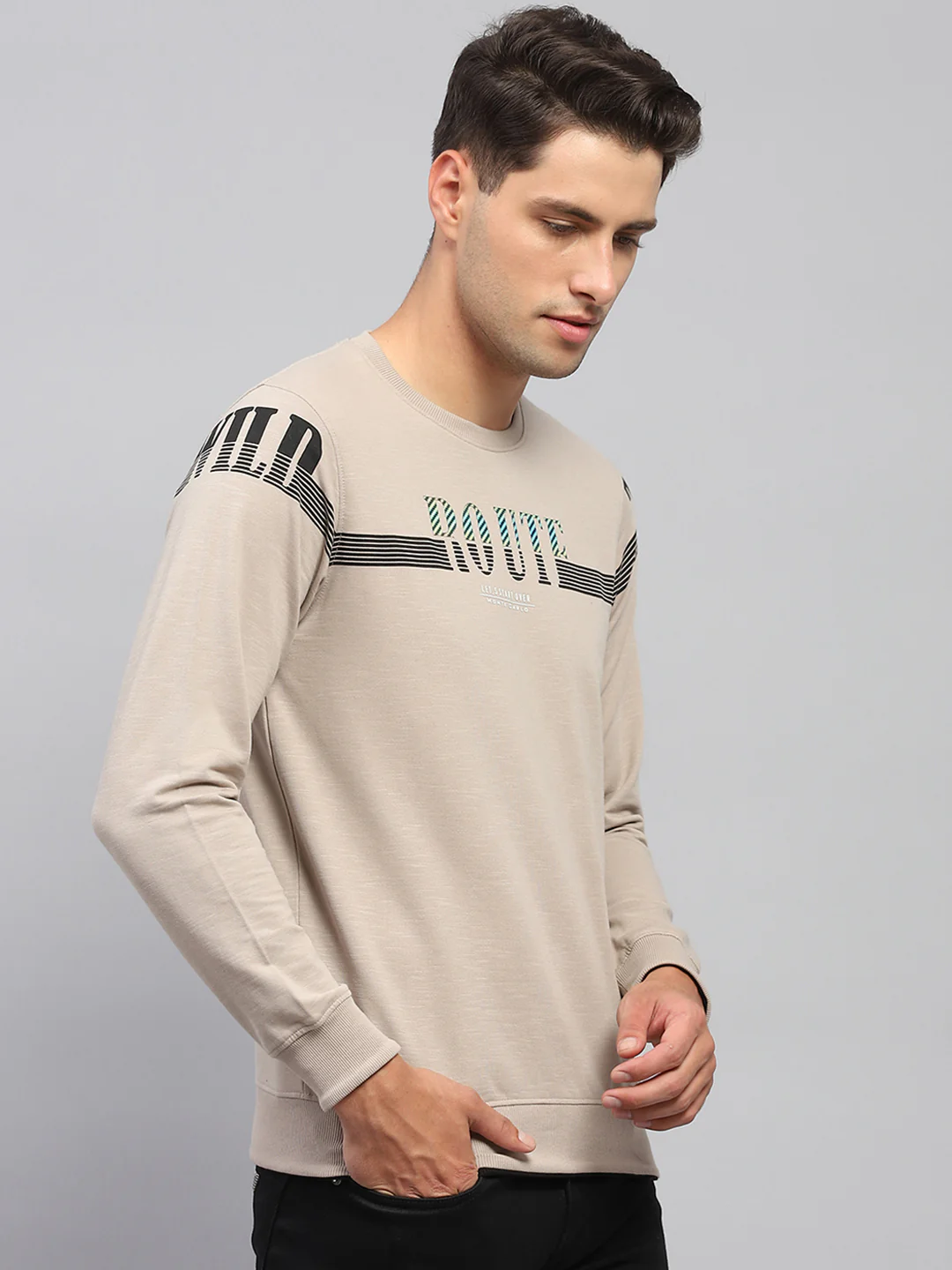 Men Beige Printed Round Neck Full Sleeve T-Shirt - Image 4