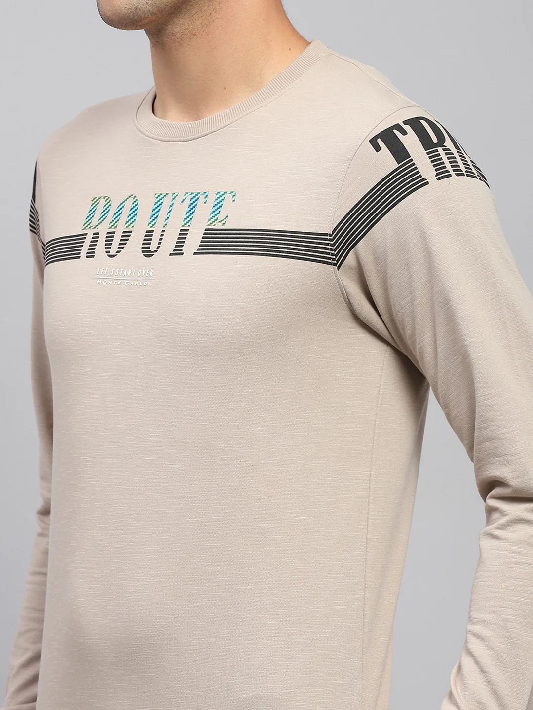 Men Beige Printed Round Neck Full Sleeve T-Shirt - Image 6