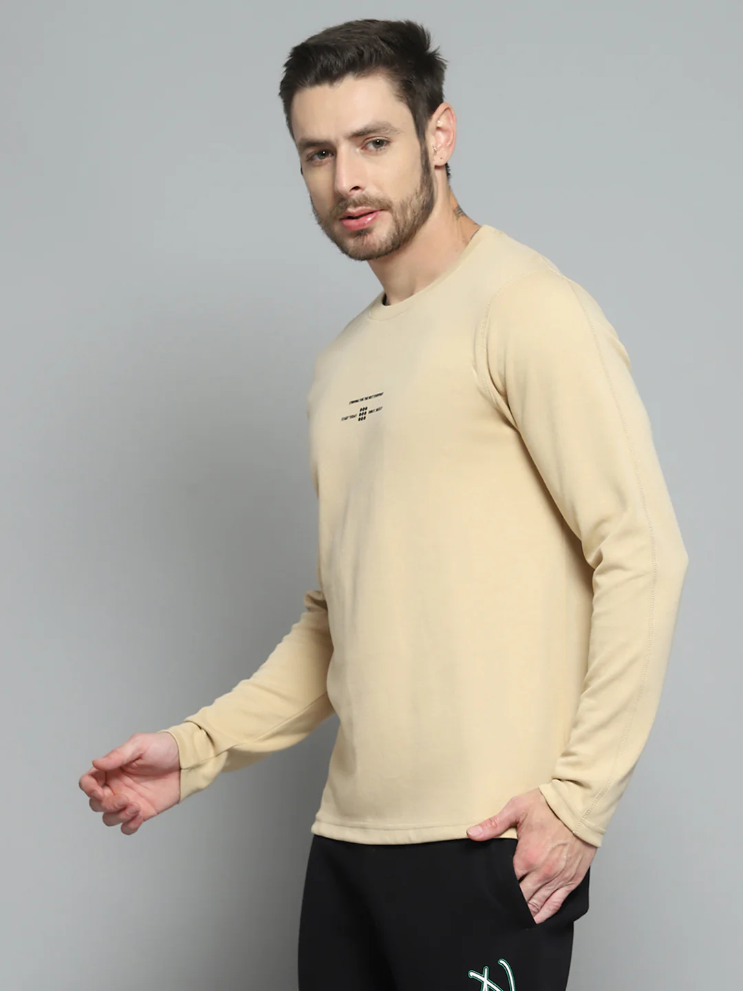 Rock.it Men Beige Printed Round Neck Full Sleeve Winter T-Shirt - Image 3