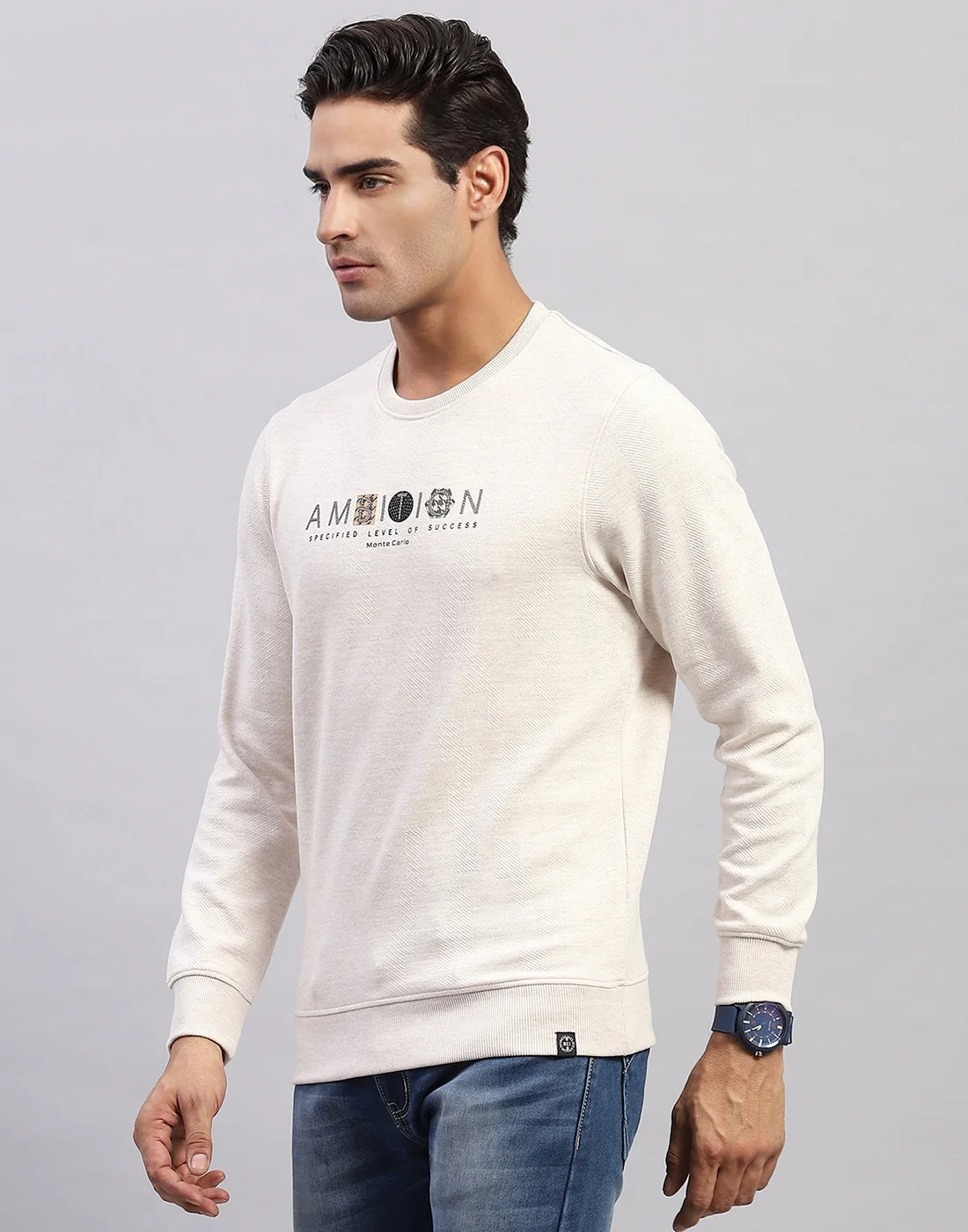 Men Beige Printed Round Neck Full Sleeve Winter T-Shirt - Image 3