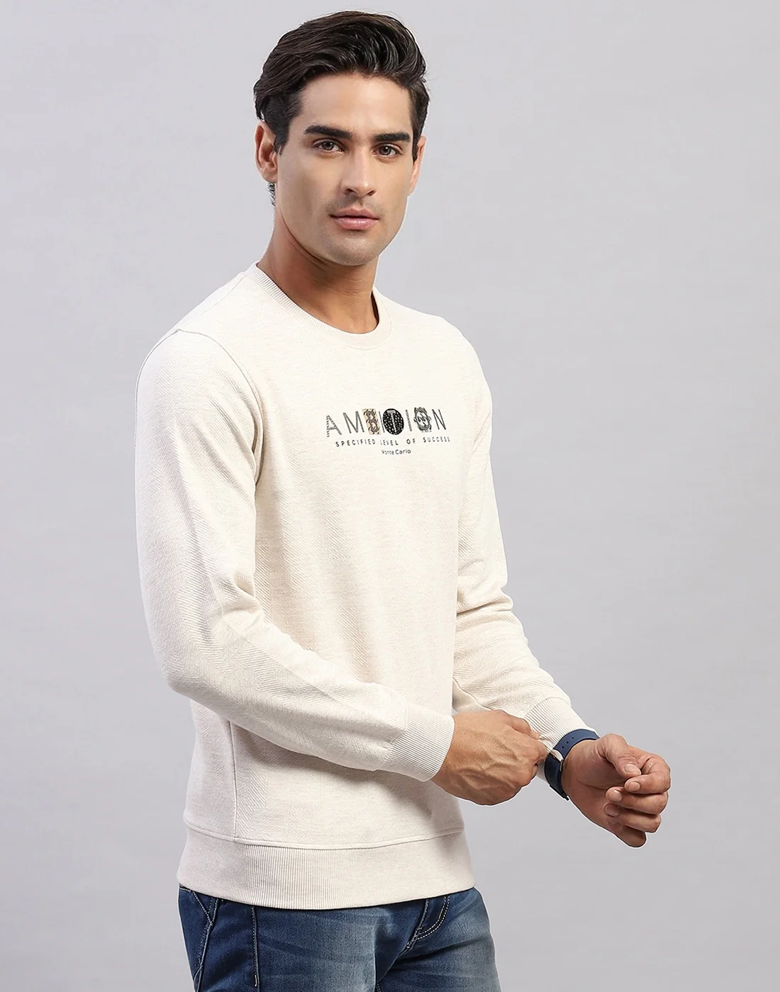 Men Beige Printed Round Neck Full Sleeve Winter T-Shirt - Image 4
