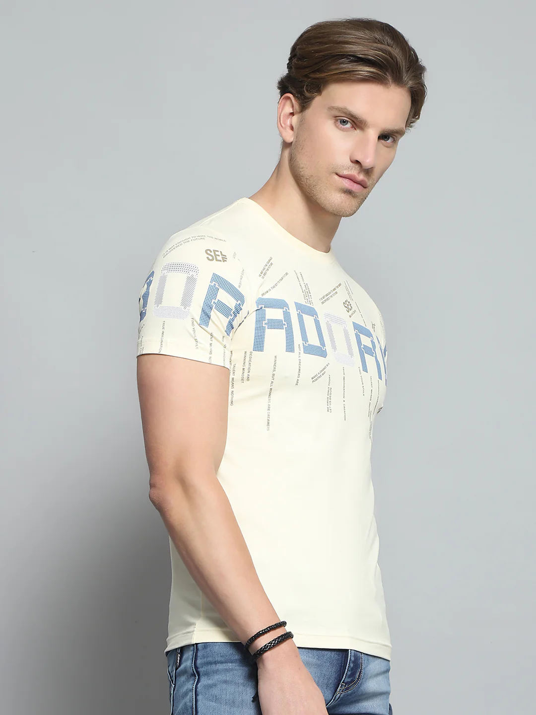 Men Beige Printed Round Neck Half Sleeve T-Shirt - Image 4