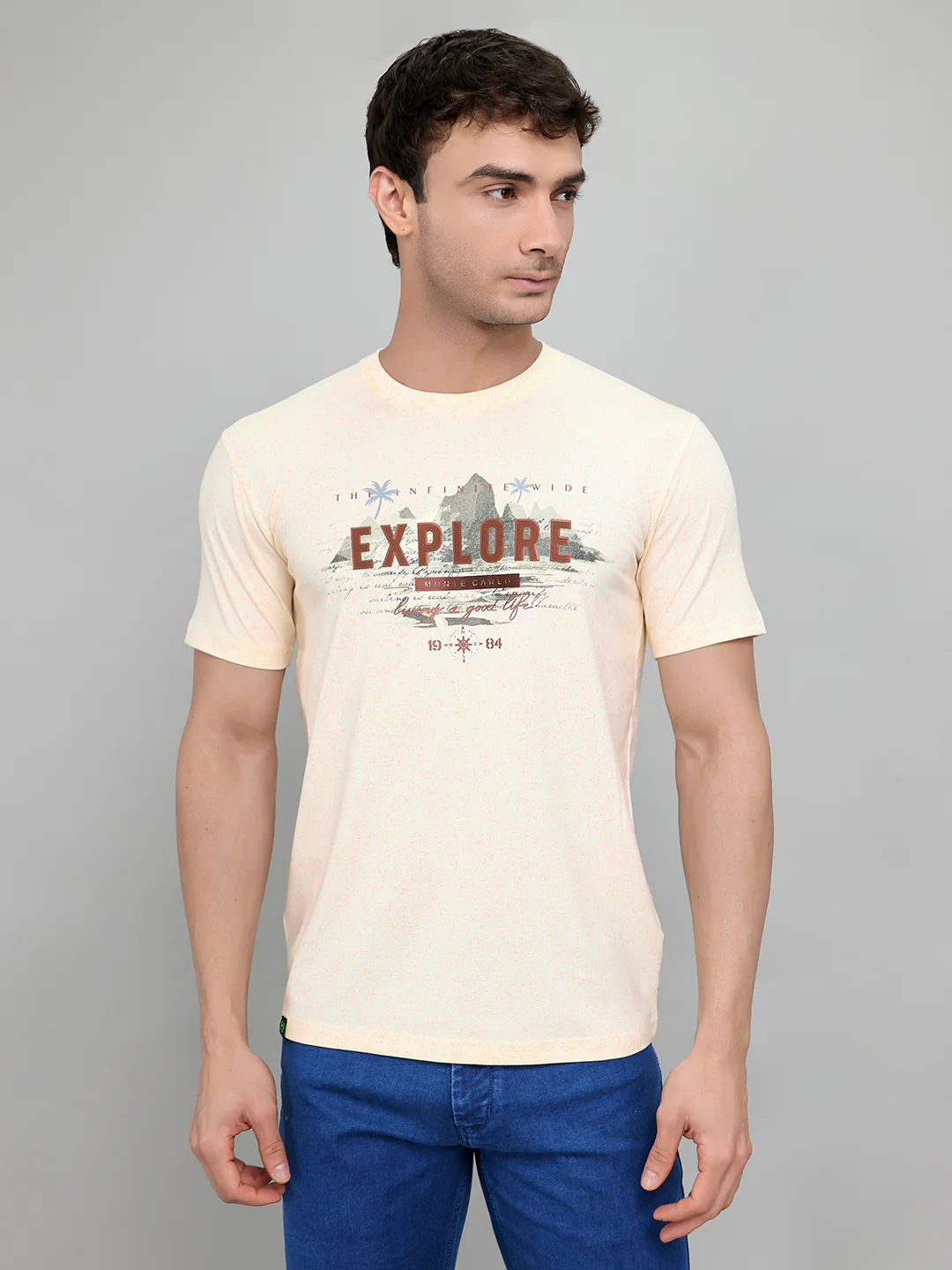 Men Beige Printed Round Neck Half Sleeve T-Shirt - Image 2