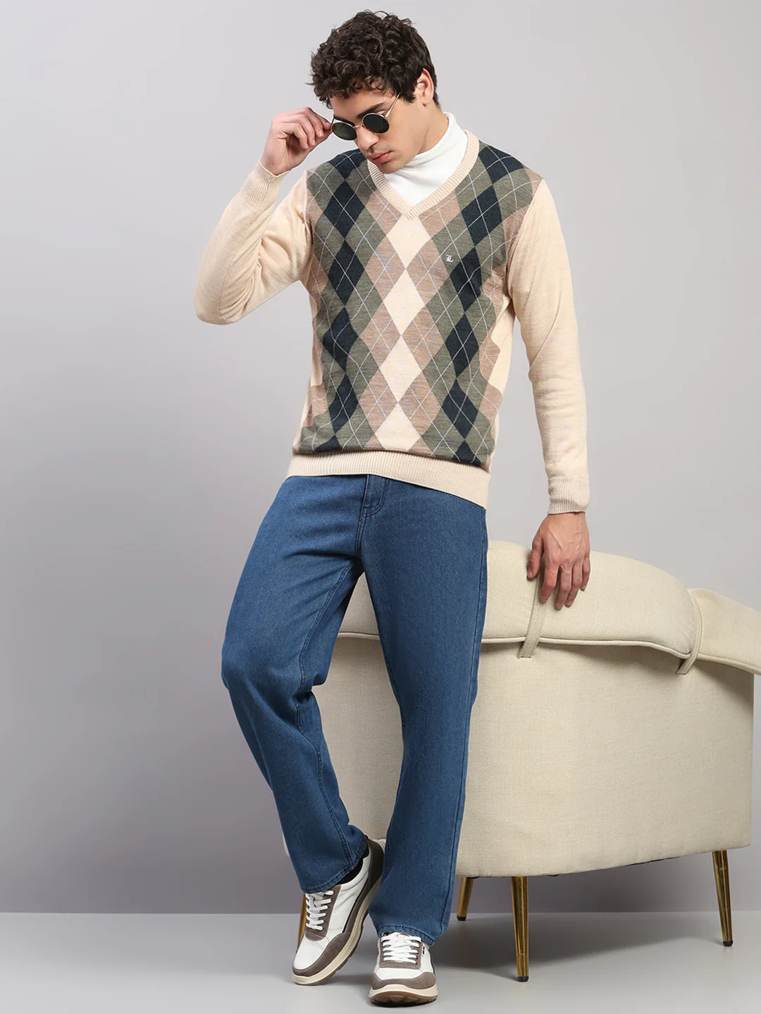 Luxuria Men Beige Printed V Neck Full Sleeve Pullover - Image 2