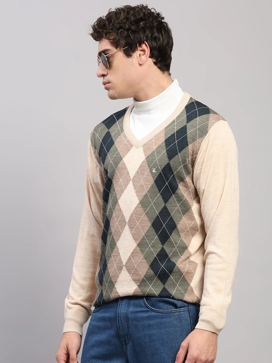 Luxuria Men Beige Printed V Neck Full Sleeve Pullover - Image 3