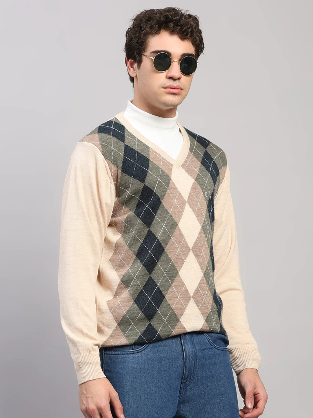 Luxuria Men Beige Printed V Neck Full Sleeve Pullover - Image 4