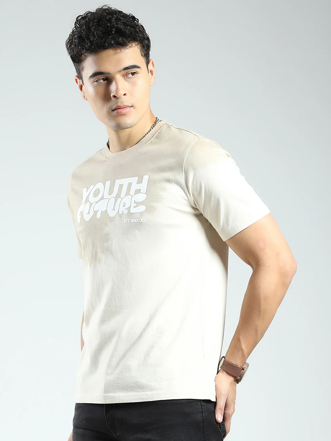 Rock.it Men Beige Printed Round Neck Half Sleeve T-Shirt - Image 3