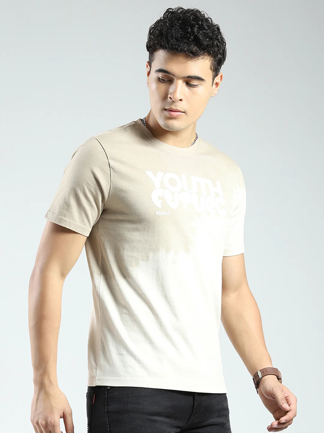 Rock.it Men Beige Printed Round Neck Half Sleeve T-Shirt - Image 4