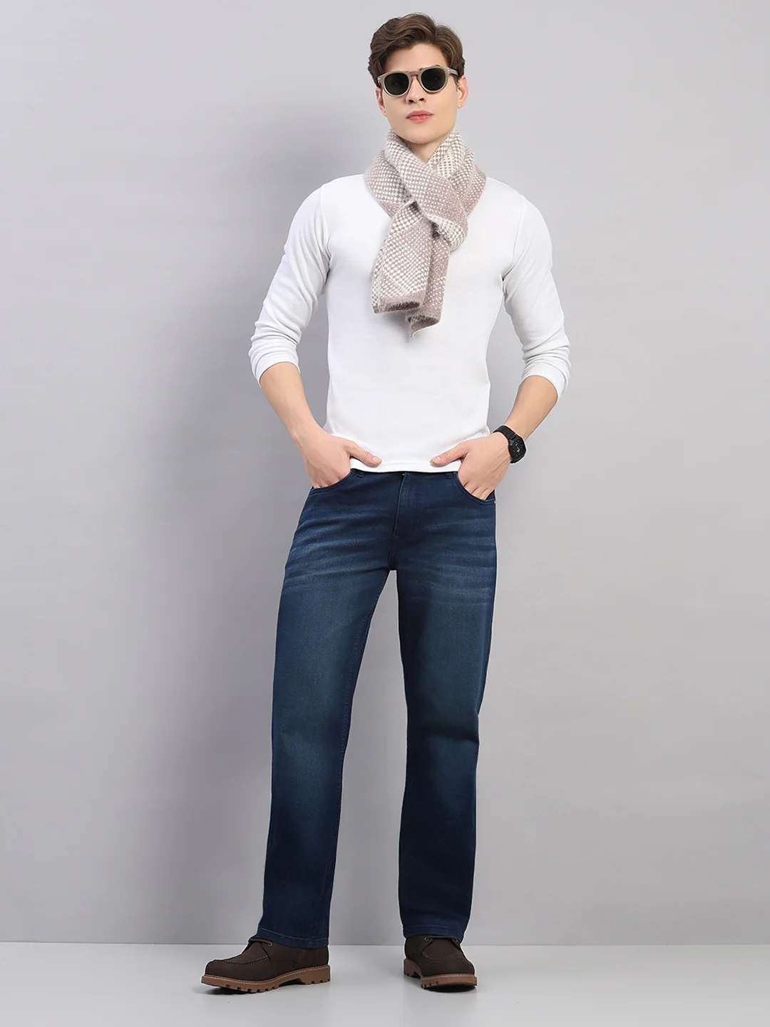 Men Beige Self Design Angoora Muffler - Image 2