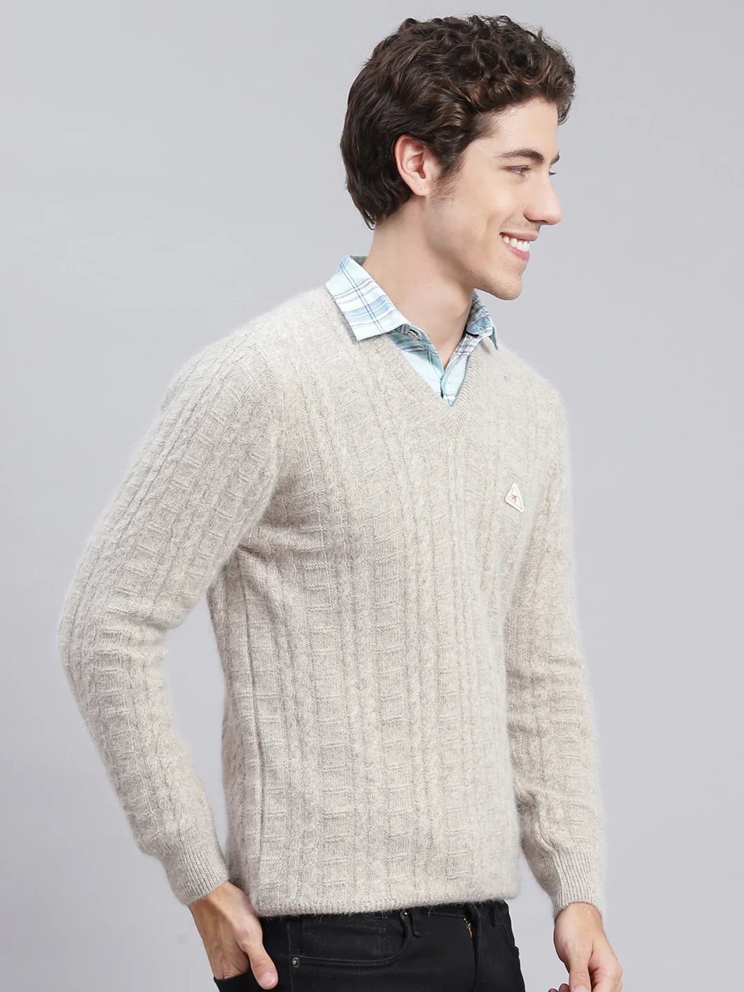 Men Beige Self Design Angoora Pullover - Image 2