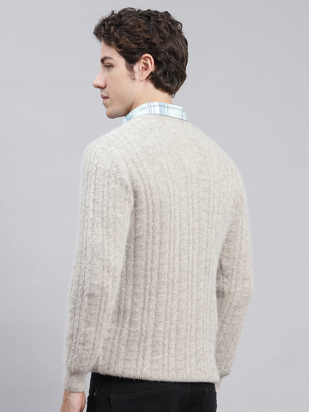 Men Beige Self Design Angoora Pullover - Image 4