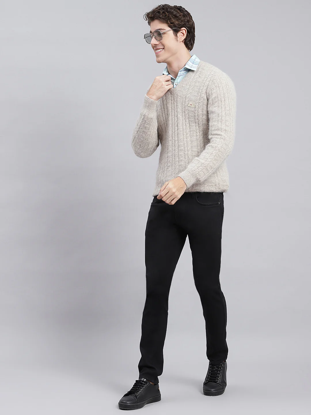 Men Beige Self Design Angoora Pullover - Image 5