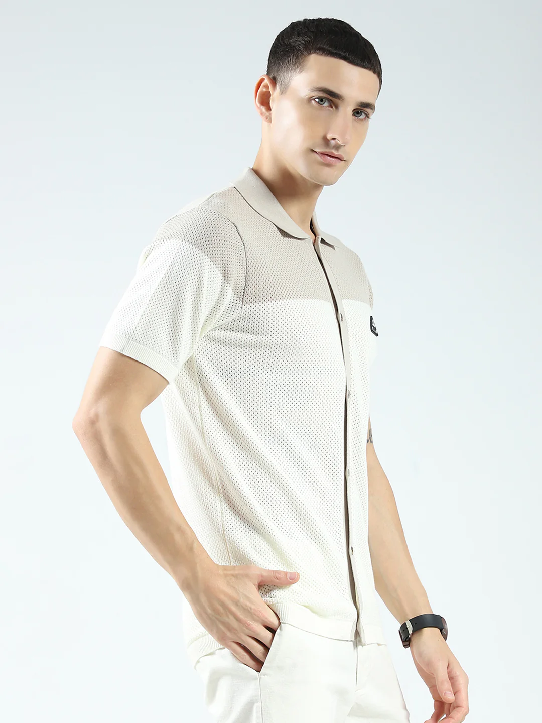 Rock.it Men Beige Self Design Collar Half Sleeve Shirt - Image 4