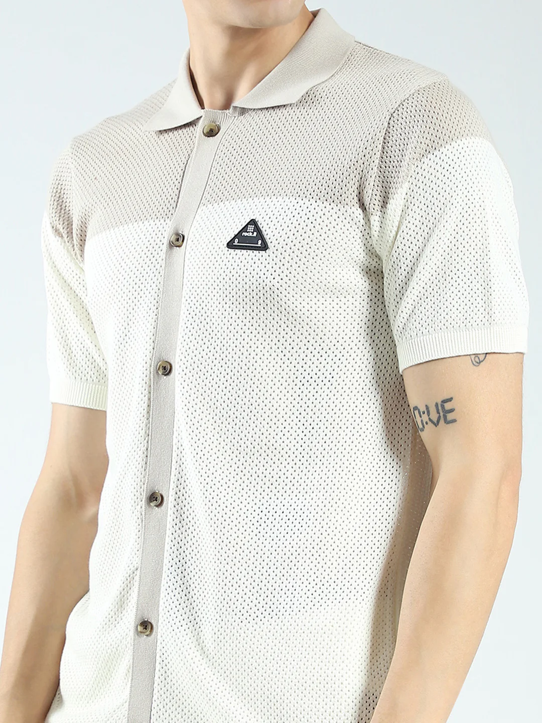Rock.it Men Beige Self Design Collar Half Sleeve Shirt - Image 6