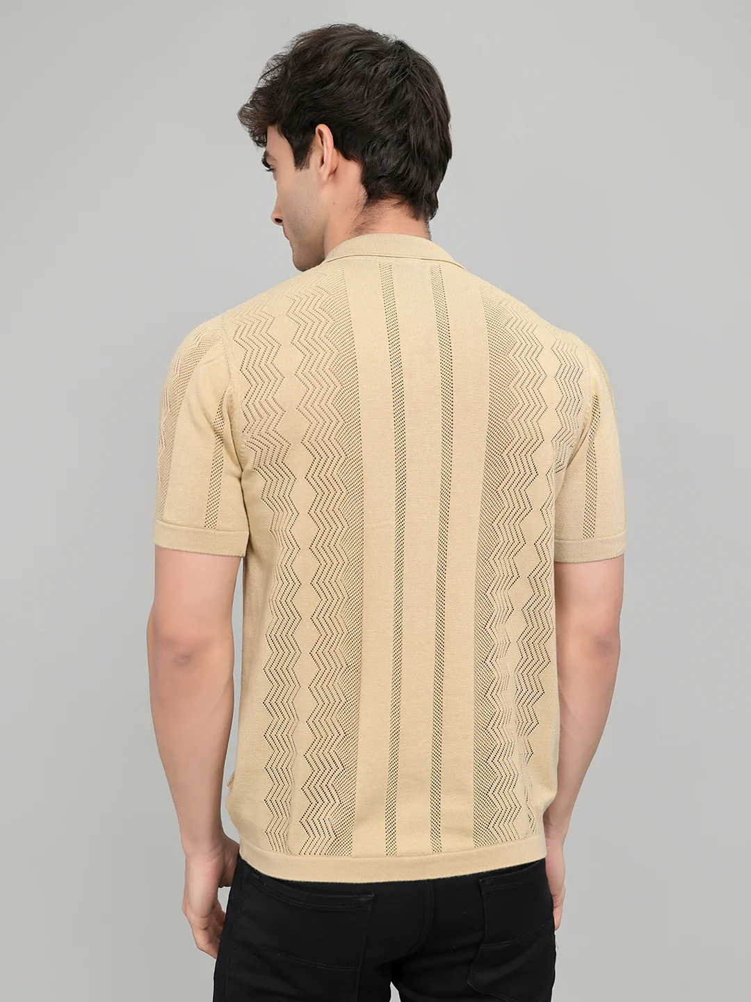Men Beige Self Design Collar Half Sleeve Shirt - Image 4