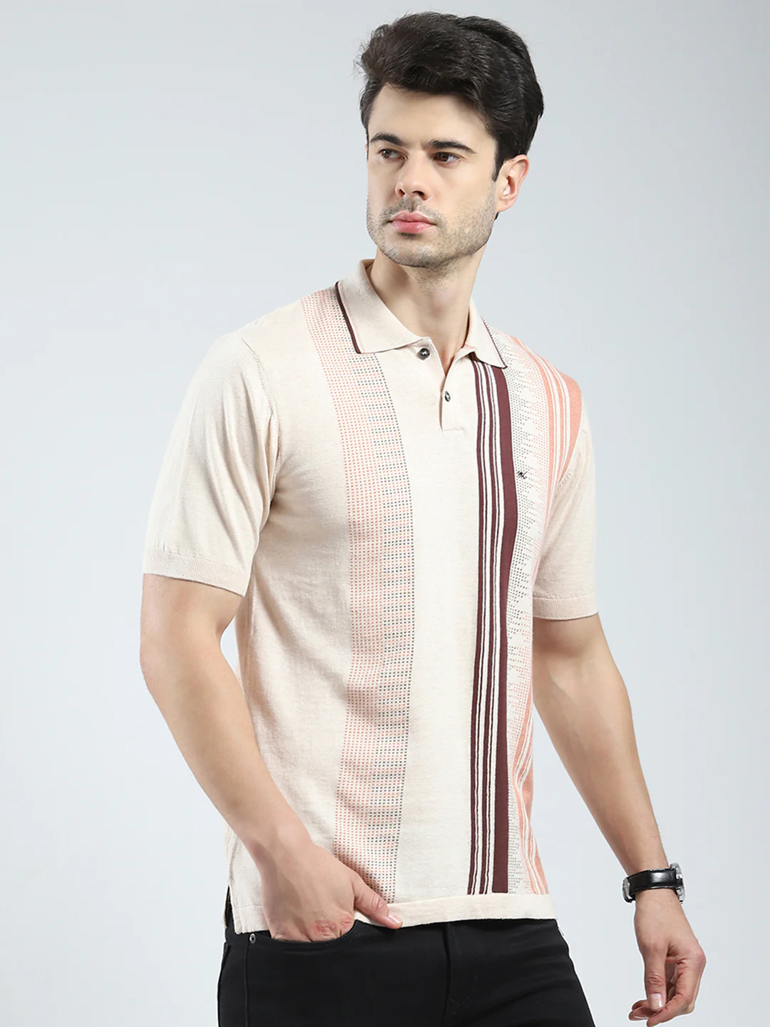 Men Beige Self Design Collar Half Sleeve T-Shirt - Image 4