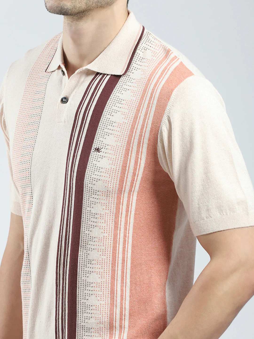 Men Beige Self Design Collar Half Sleeve T-Shirt - Image 6