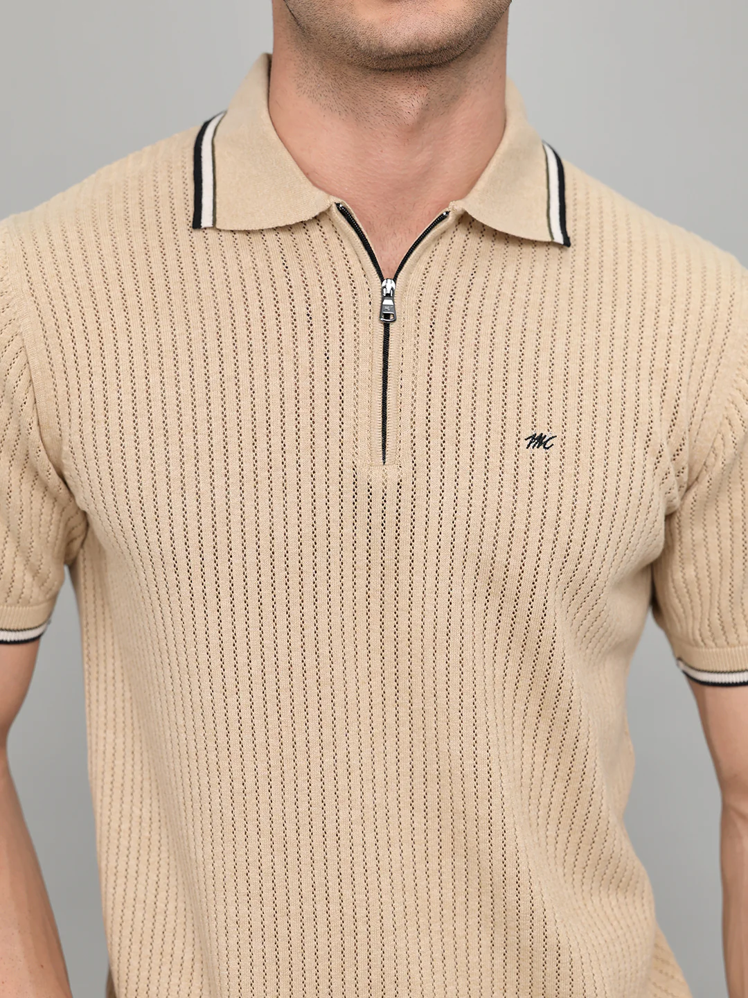 Men Beige Self Design Collar Half Sleeve T-Shirt - Image 5