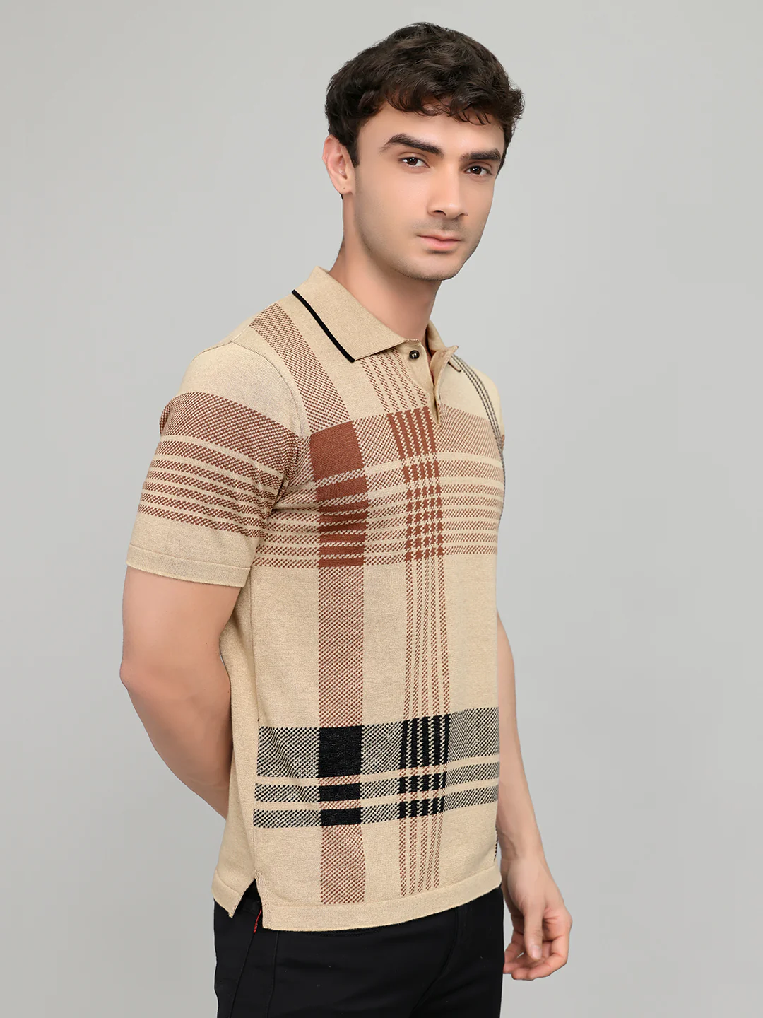Men Beige Self Design Collar Half Sleeve T-Shirt - Image 3