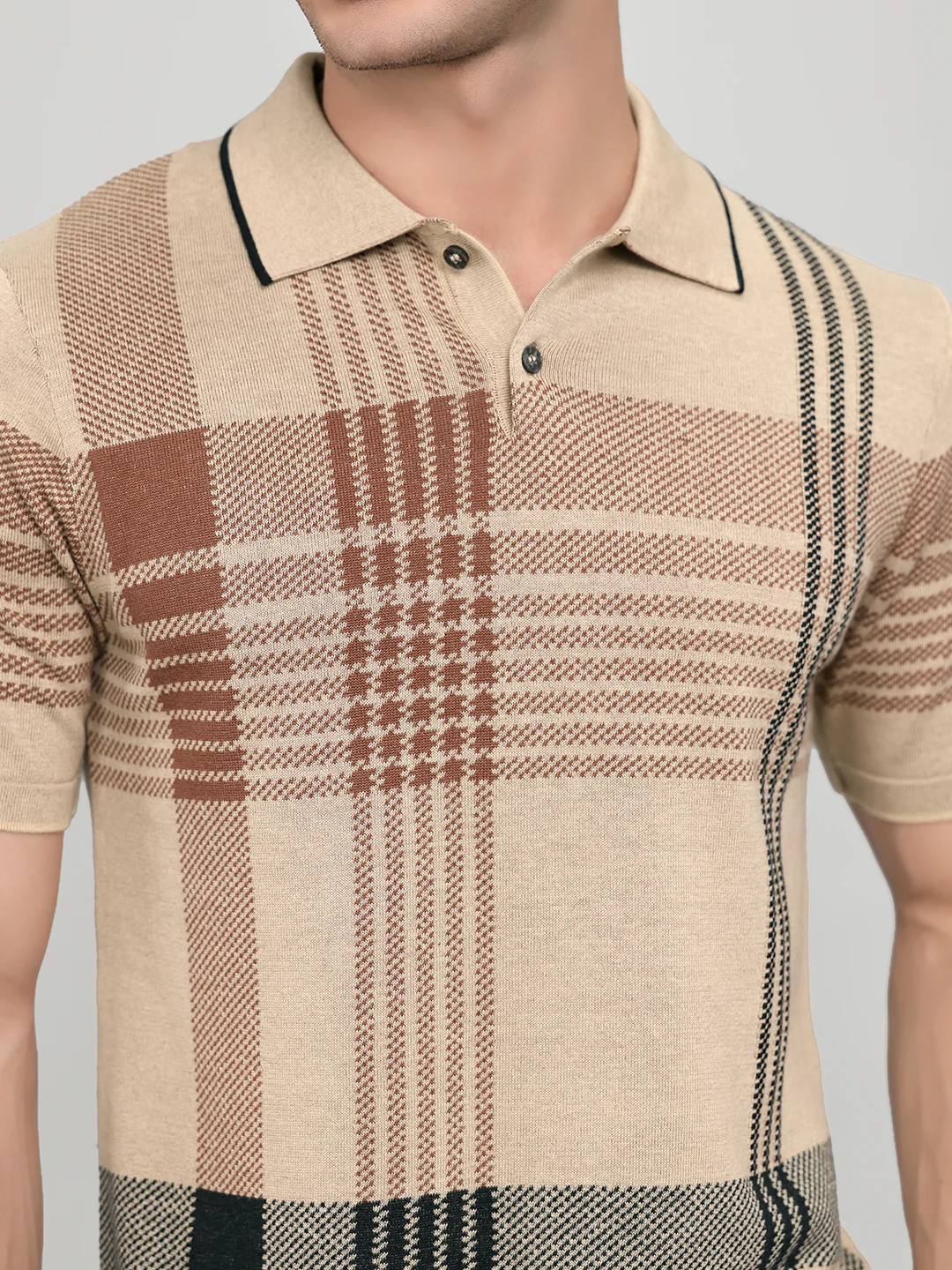 Men Beige Self Design Collar Half Sleeve T-Shirt - Image 5