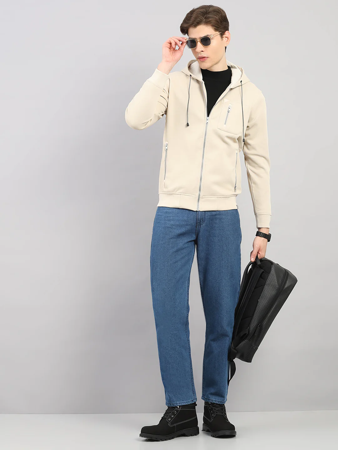 Men Beige Self Design Hooded Full Sleeve Sweatshirt - Image 2