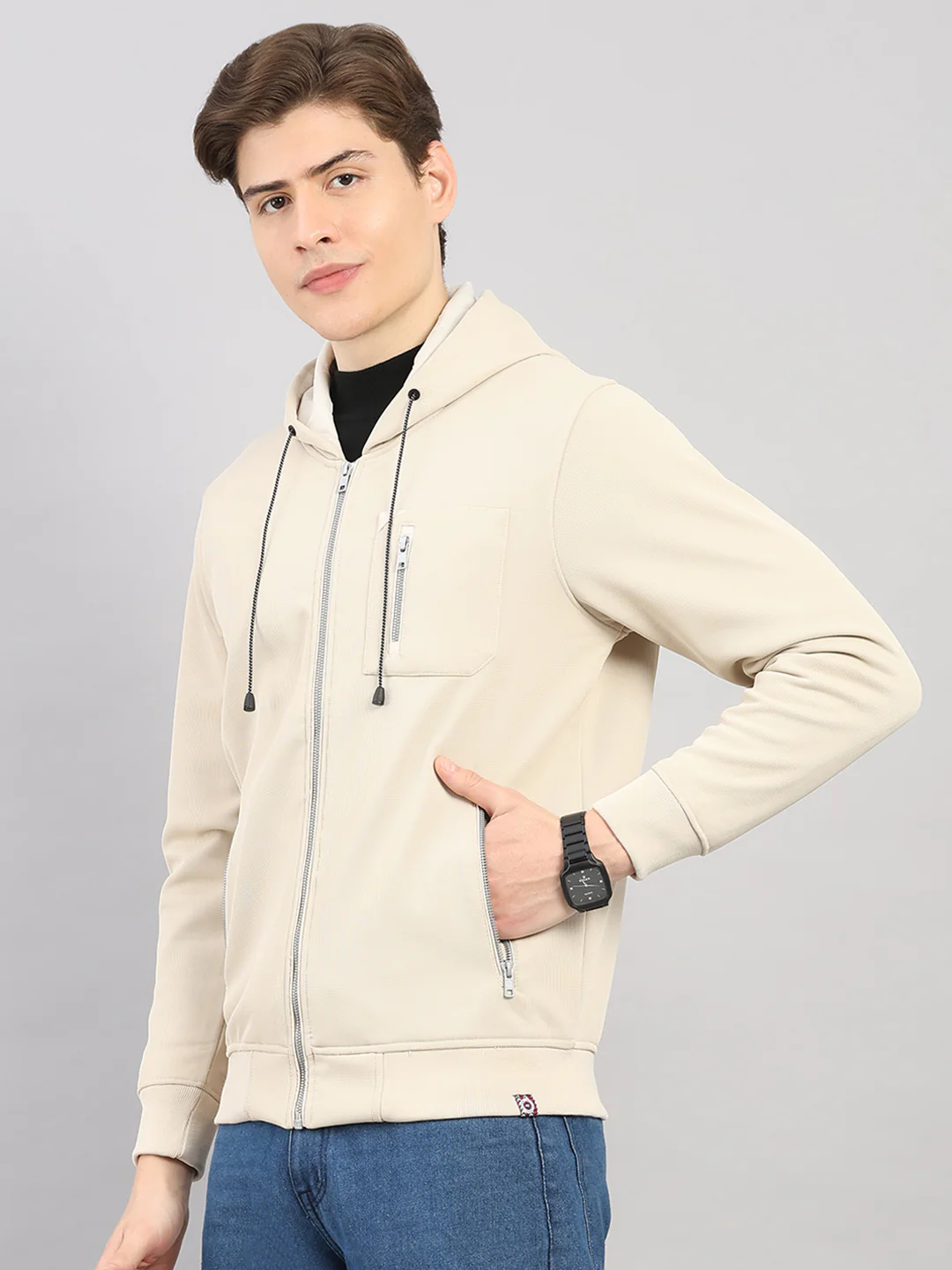 Men Beige Self Design Hooded Full Sleeve Sweatshirt - Image 3