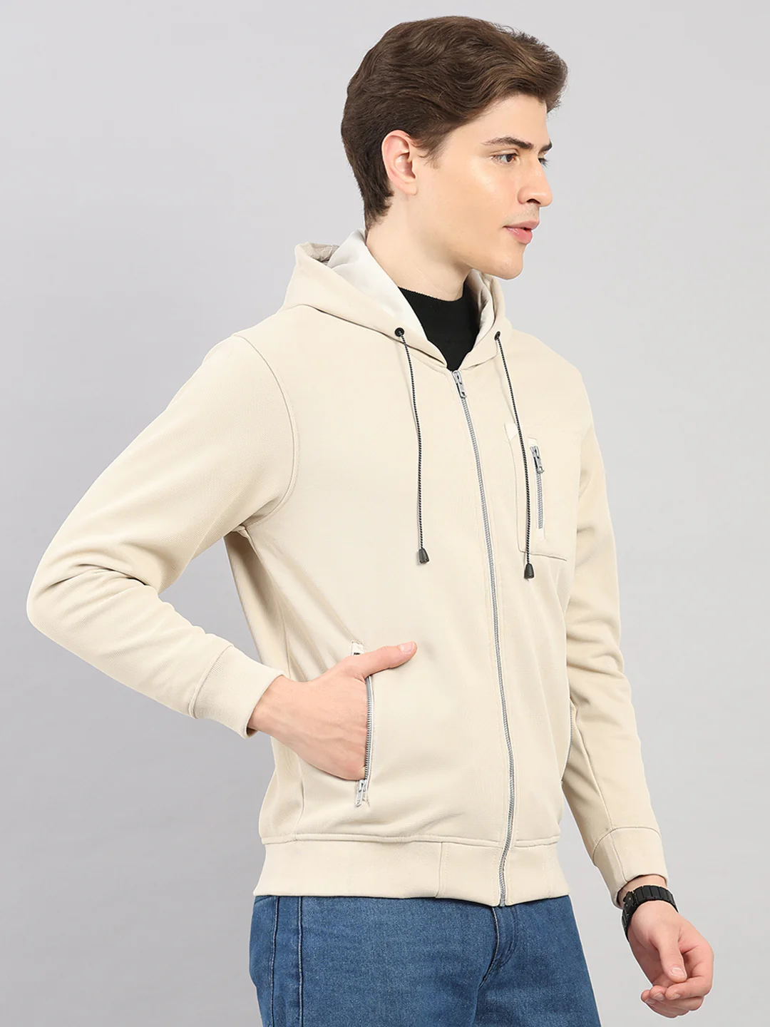 Men Beige Self Design Hooded Full Sleeve Sweatshirt - Image 4