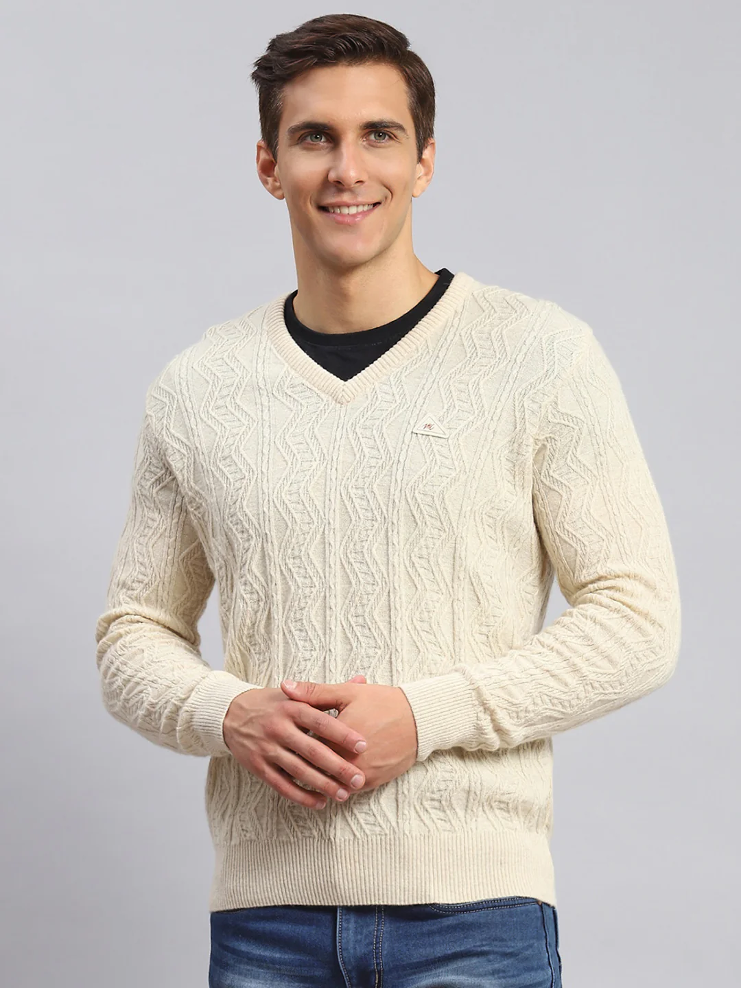 Men Beige Self Design Lamb wool Pullover - Image 2