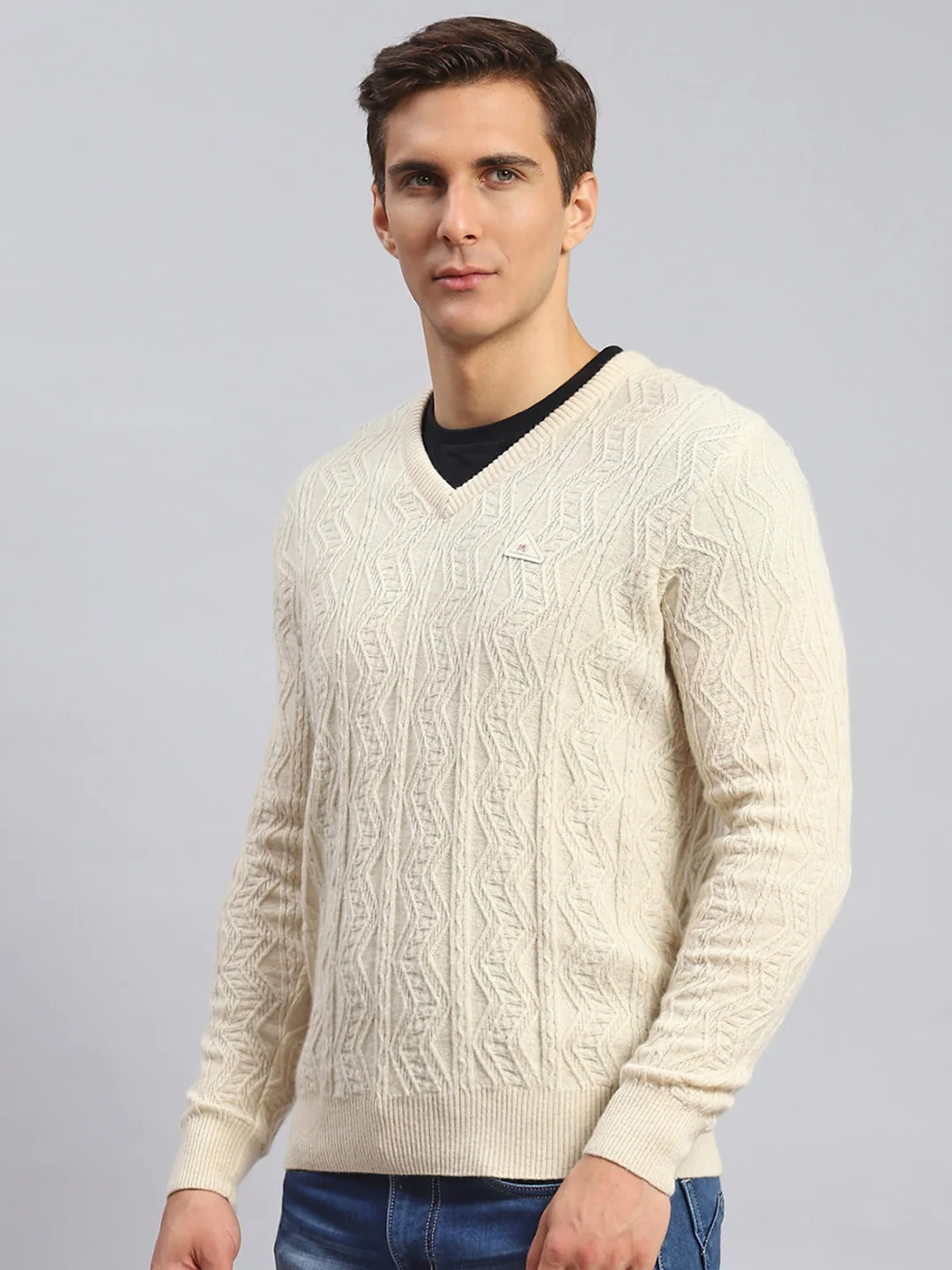 Men Beige Self Design Lamb wool Pullover - Image 4